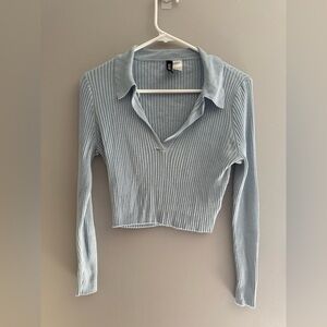 Divided Pullover Long Sleeve Collared Textured Cropped Sweater Womans SZ L Blue